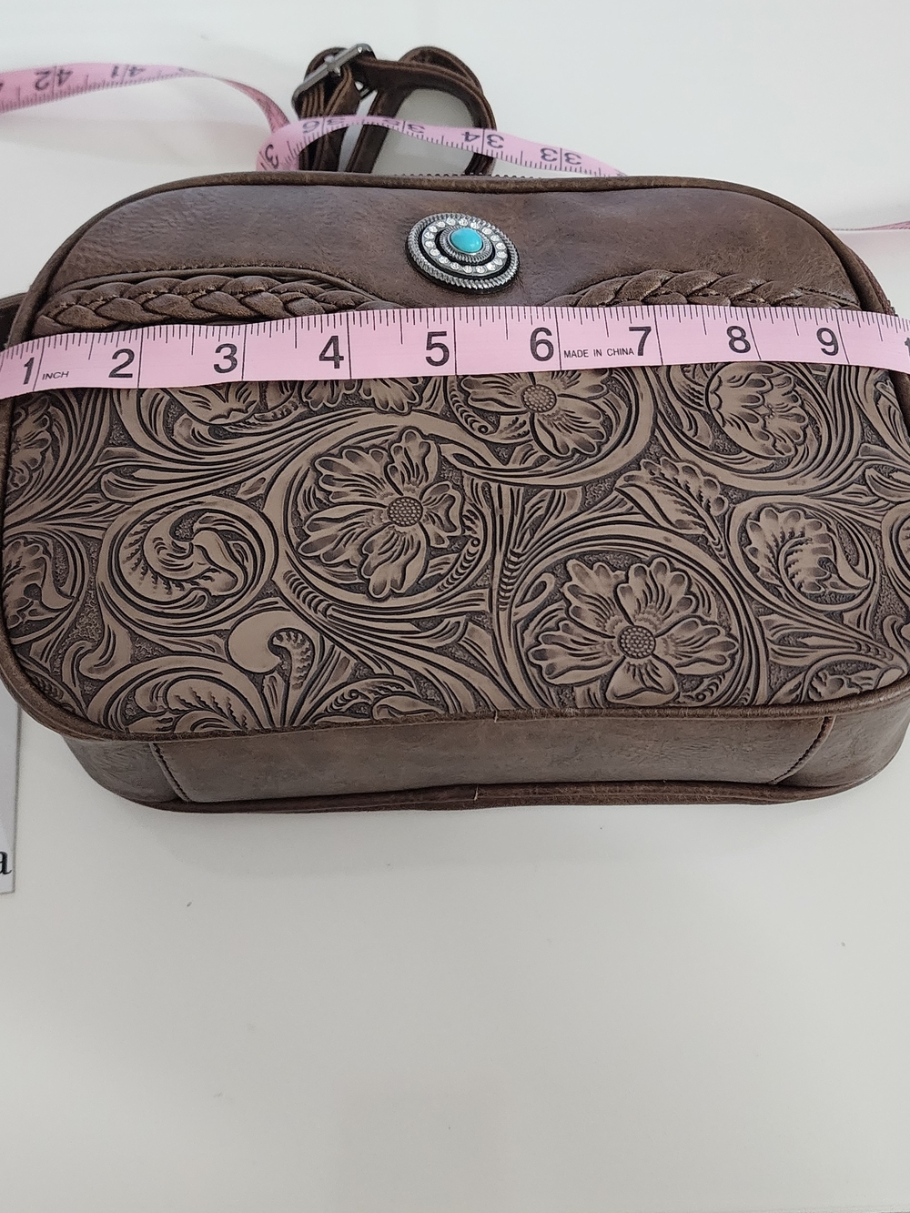 Western Style Embossed Brown Vegan Leather Crossbody Bag with Turquoise Accent - Picture 9 of 11